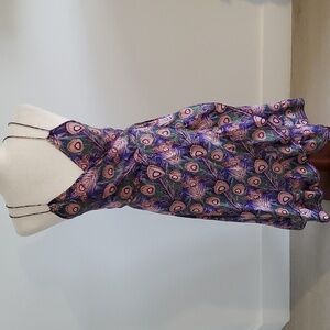 Rielez 100% silk palm design dress size L purple, green & pink open strappy back